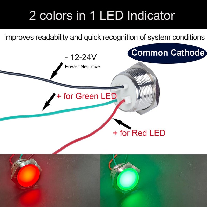 DMWD 22mm 12V-24V Two Colors Metal LED Indicator Light, Waterproof Common Cathode Dual Color Led Signal Lamp, Red and Green LED in 1 with Wires to Indicate The Power Supply Status 2Pcs - Image 2